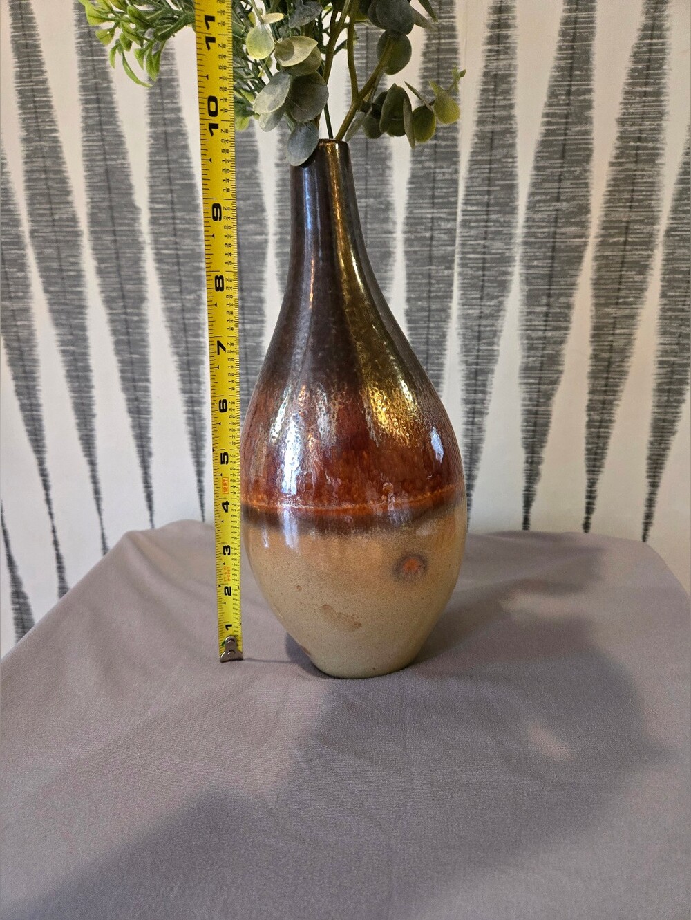 Large Decorative Ceramic Vase Brown Tan Drip Glaze Bottle Vase Rustic Farmhouse - Picture 9 of 11